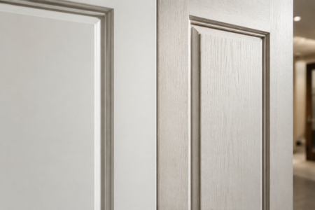 Close-up comparison of a smooth painted MDF door and a painted door with visible wood-grain texture.