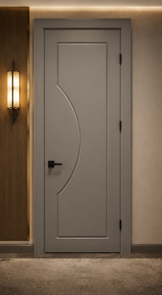 Warm-Gray 1100 Interior Door With Sweeping Curved Moulding In An Upscale High-Rise Apartment Corridor.