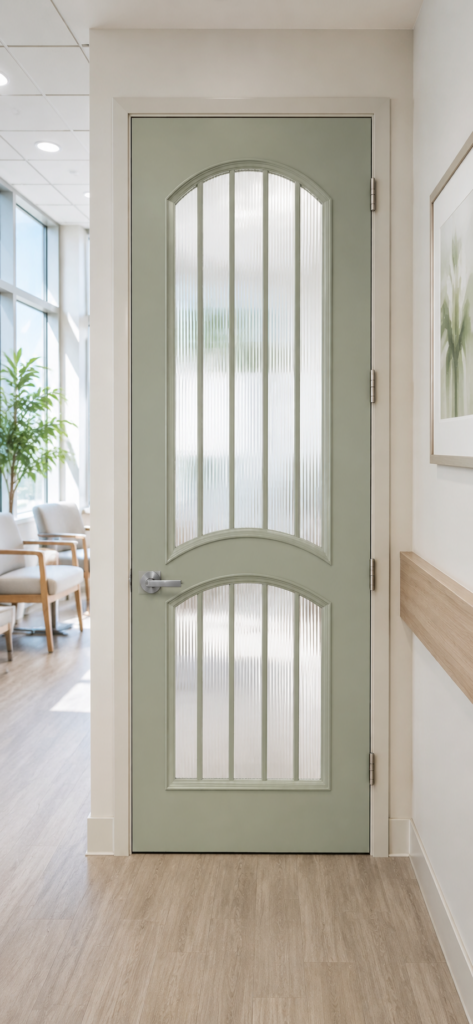 Sage 2030 Arched-Panel Healthcare Door With Narrow Reeded Privacy-Glass Details In A Modern Medical Center.