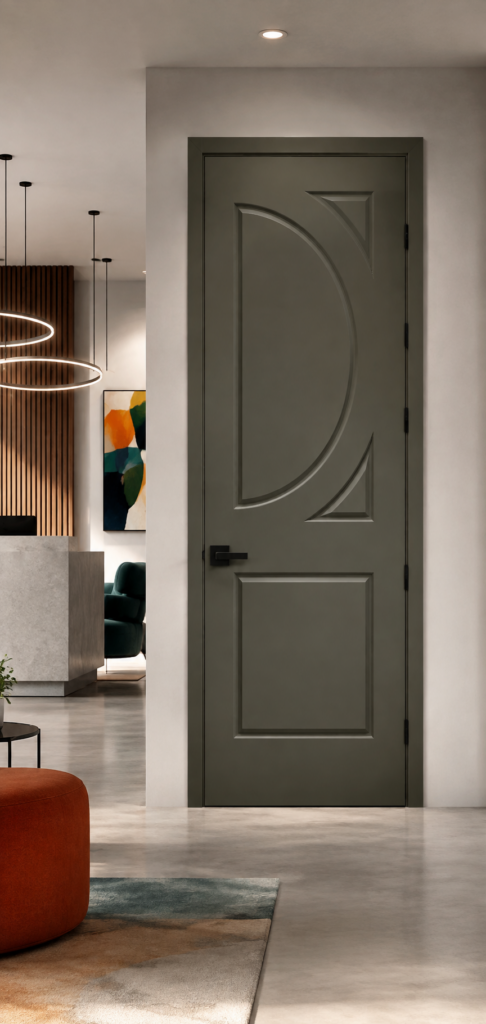 Navy 4130 Geometric Moulded Interior Door In A Contemporary Creative-Agency Lobby.