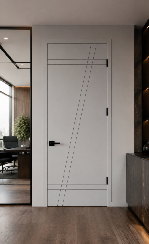 Modern White 6200 Routed Interior Door With Diagonal And Horizontal Lines In An Executive Office.