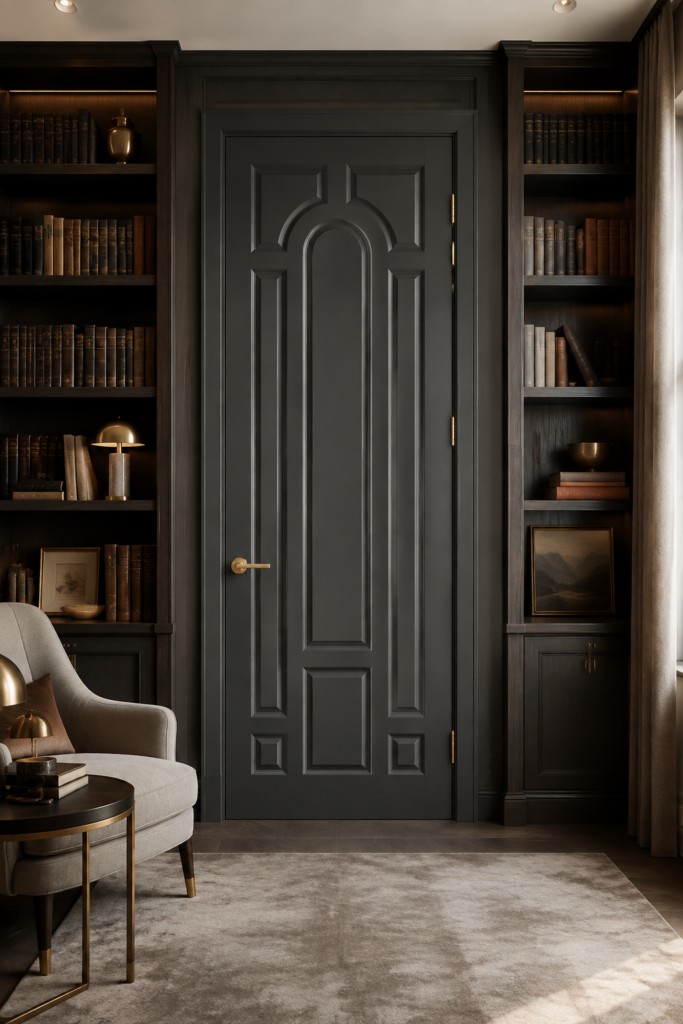 Forest-Green 8030 Ornate Interior Door With Elongated Arch Moulding In A Luxury Home Library.