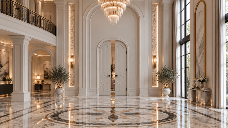 Oversized Custom Interior Door With Architectural Moulding In A Luxury Interior