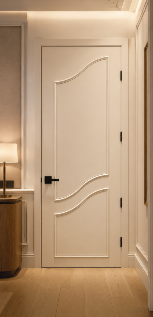 White Sc_2100 Interior Door With Flowing Applied Moulding In An Upscale Boutique Hotel Suite.
