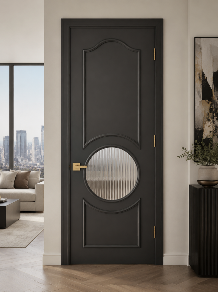 Charcoal Sc_3180 Decorative Door With A Circular Fluted-Glass Inset In A Luxury High-Rise Residence.