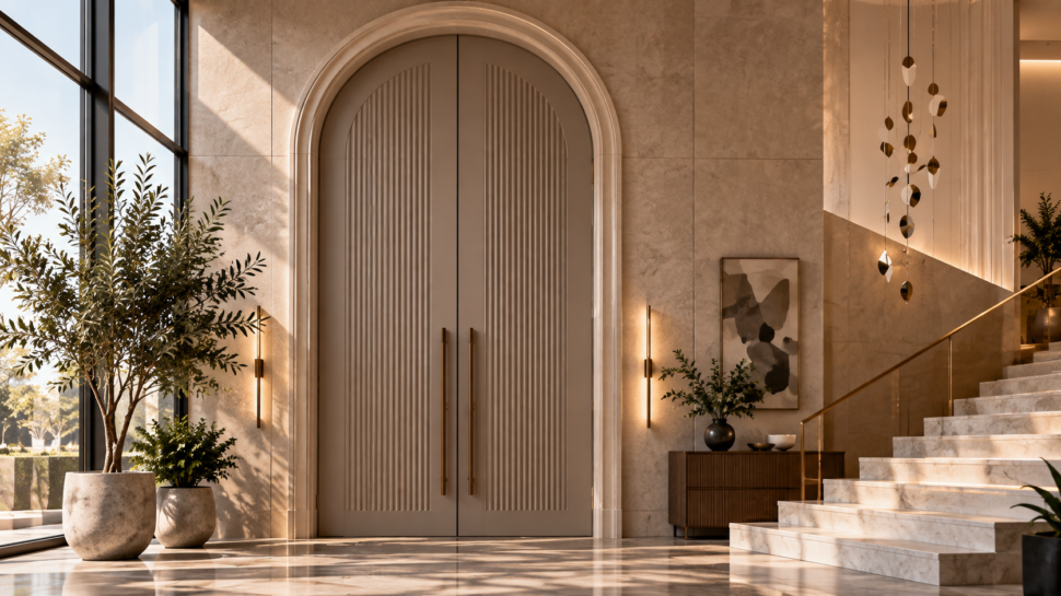 “Tall Arched Double Doors With Vertical Detailing In A Contemporary Luxury Interior.”