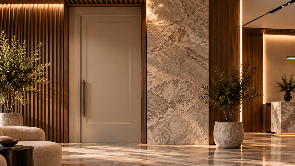 Warm Neutral Interior Door With Asymmetrical Geometric Routed Detailing.