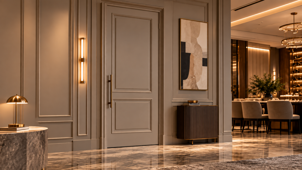 Painted Interior Door With Modern Applied Moulding In An Upscale Hospitality Interior.