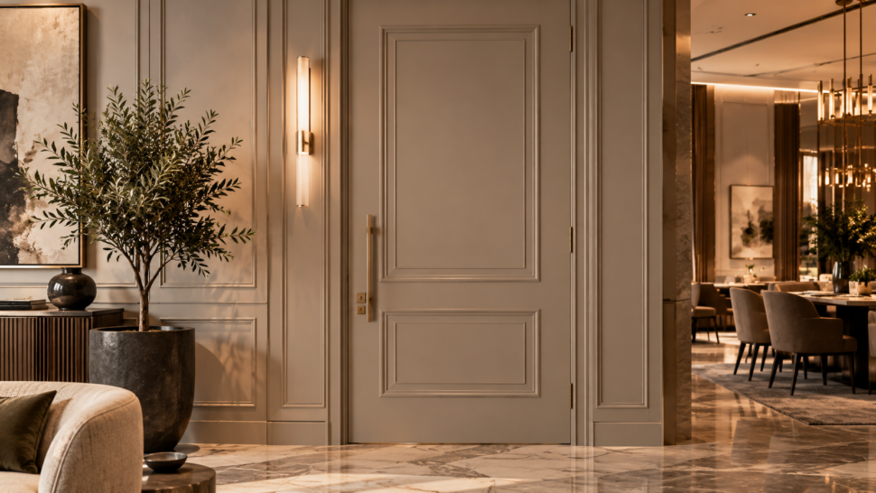 Two-Panel Painted Stileline Doors Repeated Along A Luxury Multifamily Corridor.