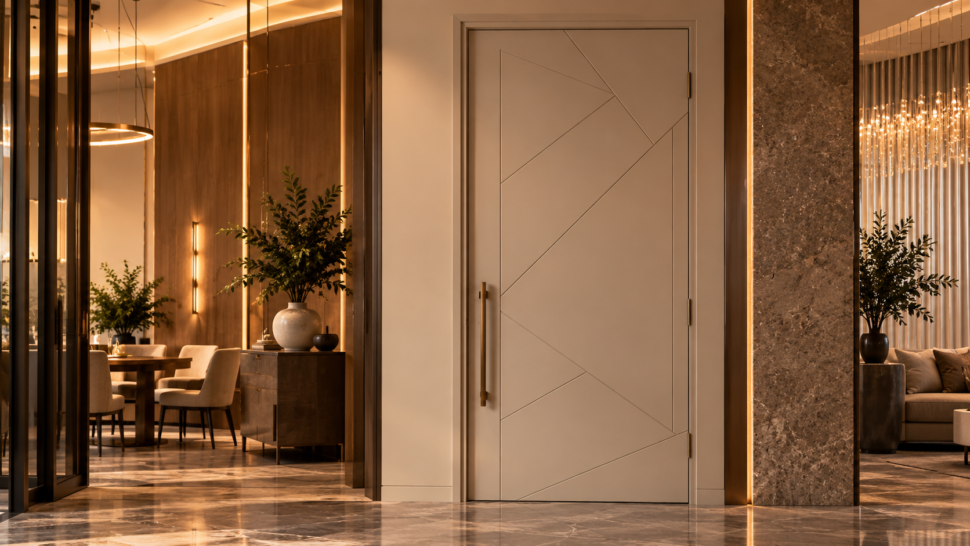 Minimalist Painted Euro-Style Interior Door In A Modern Executive Office Corridor.”