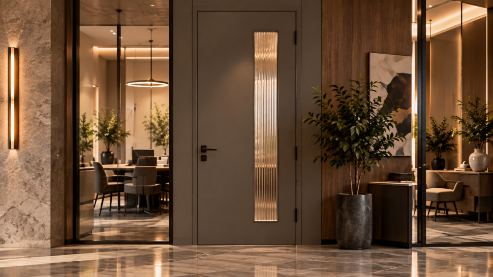 Modern Painted Office Door With A Narrow Vertical Textured-Glass Panel.