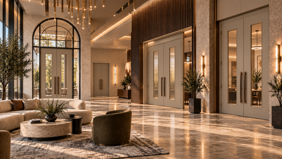 Extra-Tall Double Interior Doors With Fluted Detailing In A Luxury Hotel Lobby.