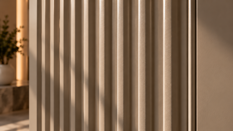 Close-Up Of Vertical Fluted Detailing On A Warm Neutral Painted Architectural Door.