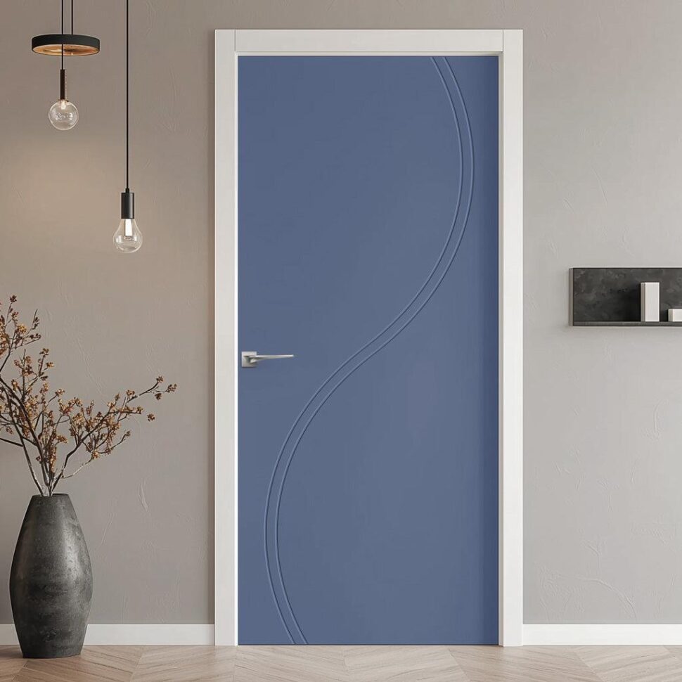 Dusty Blue Contemporary Mdf Interior Door With Elegant Sweeping Curved Routed Lines, White Trim, And Modern Decor.