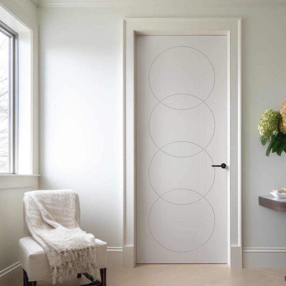 White Modern Mdf Interior Door Featuring Three Overlapping Circular Routed Patterns In A Bright, Minimalist Living Space.