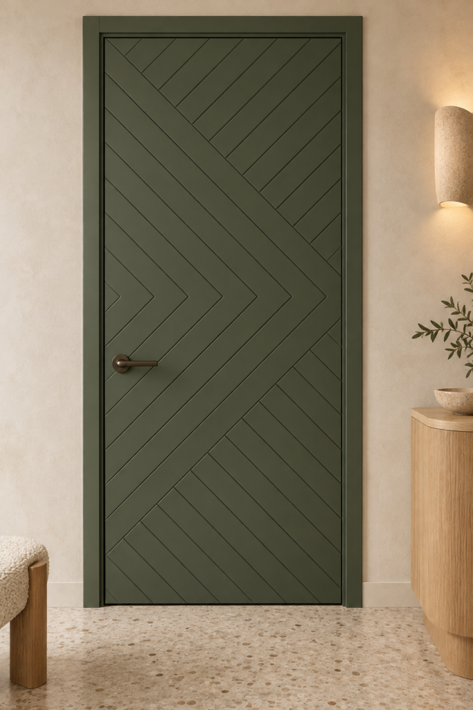 Olive Green Euro-Style Mdf Interior Door With Bold Diagonal Chevron Grooves In A Warm Minimalist Interior.