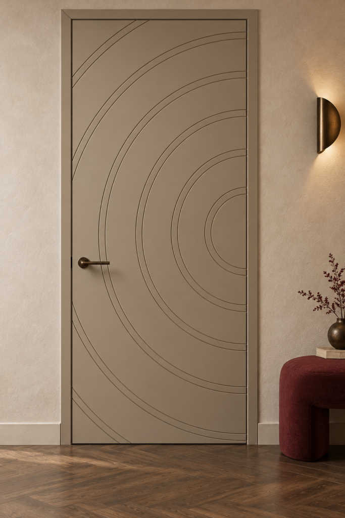 Taupe Contemporary Mdf Interior Door Featuring Concentric Circular Routed Grooves And An Elegant Geometric Design.