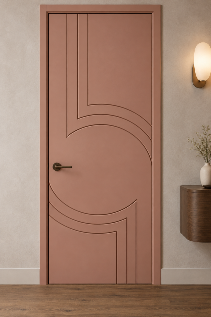 Terracotta Pink Modern Mdf Interior Door With Asymmetrical Curved And Straight Routed Lines In A Contemporary Room.