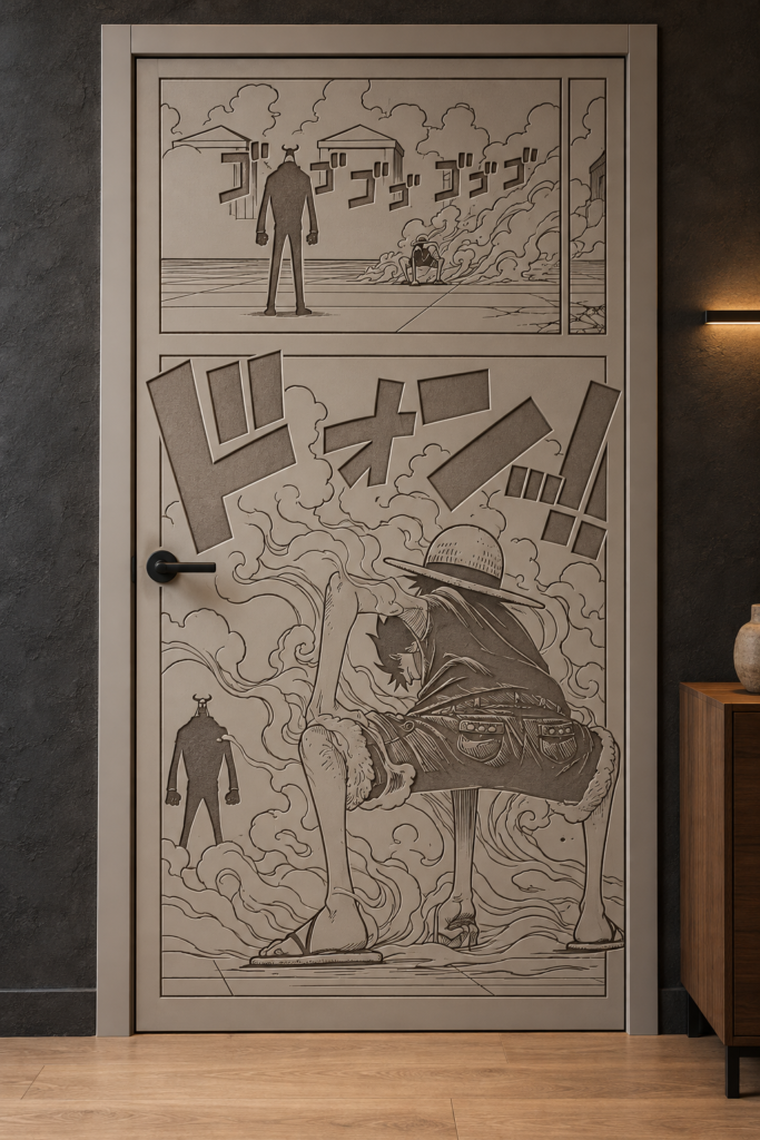 Custom Mdf Interior Door Featuring Detailed Manga-Inspired Character Artwork, Japanese Lettering, And Engraved Comic-Style Panels.