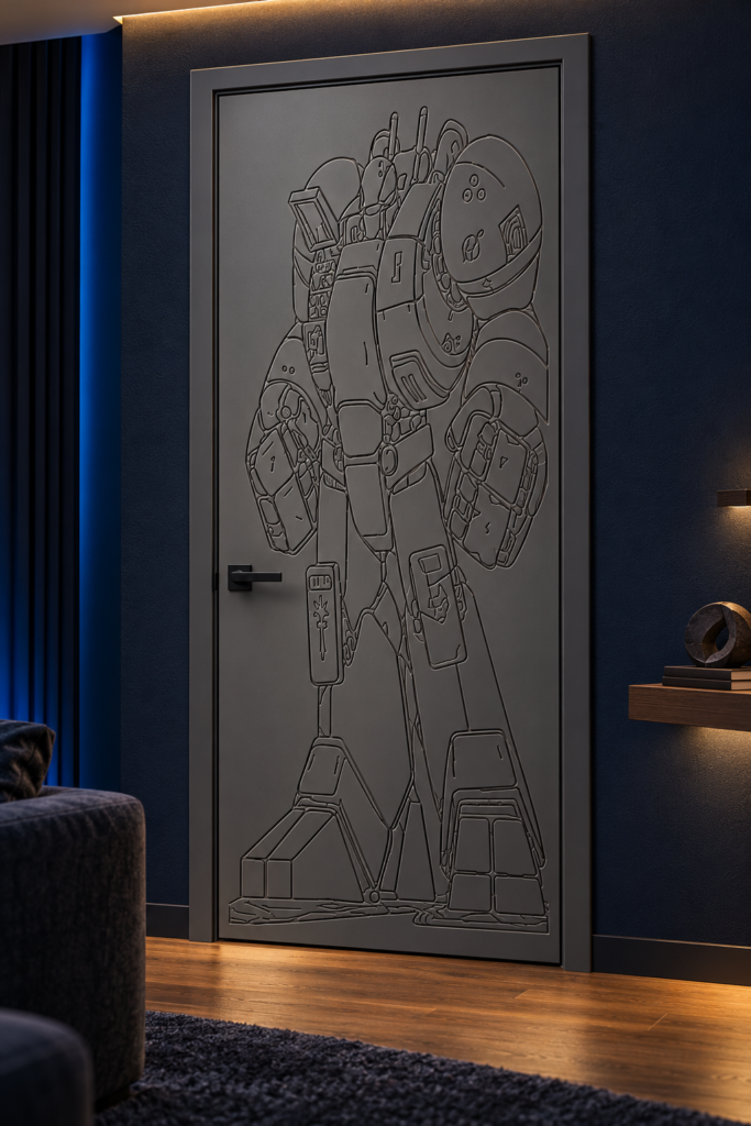 Dark Gray Custom Mdf Interior Door Featuring Intricate Routed Artwork Of A Futuristic Humanoid Robot In A Modern Room.