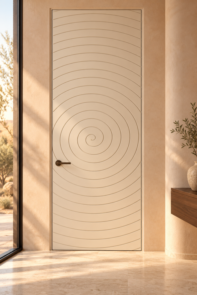Warm Beige Contemporary Mdf Interior Door With A Continuous Spiral Routed Pattern In A Sunlit Minimalist Interior.