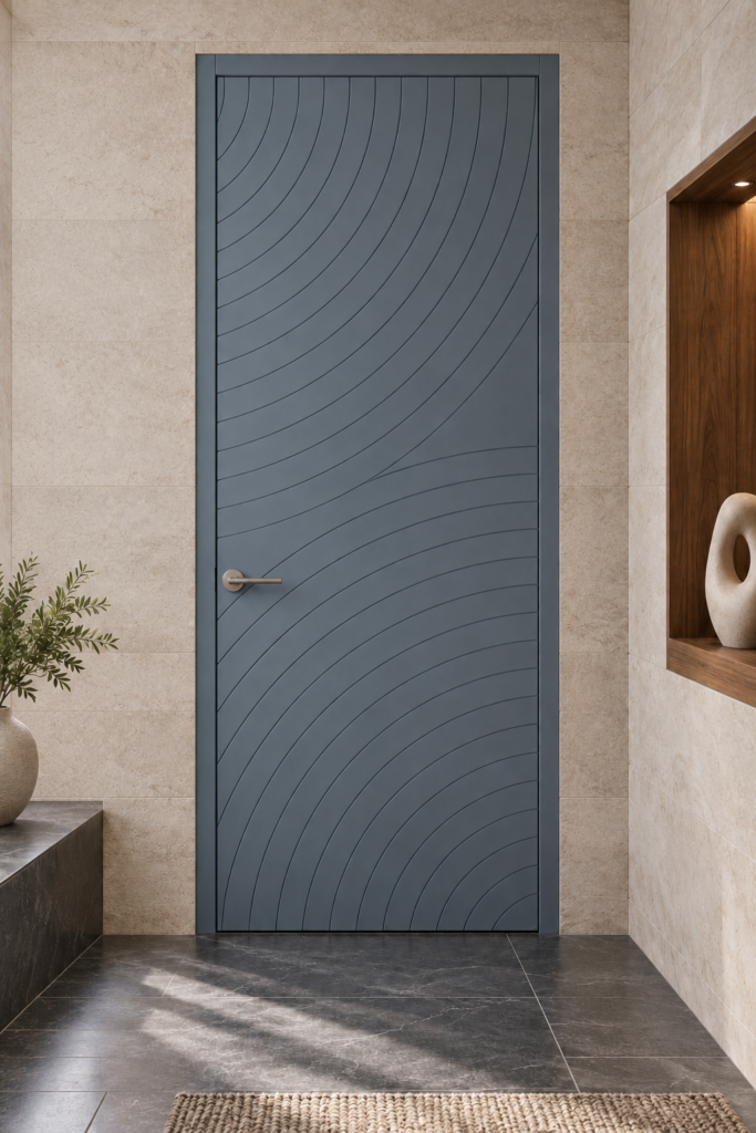 Slate Blue Modern Mdf Interior Door Featuring Sweeping Curved Routed Lines In A Contemporary Stone-Tiled Entryway.